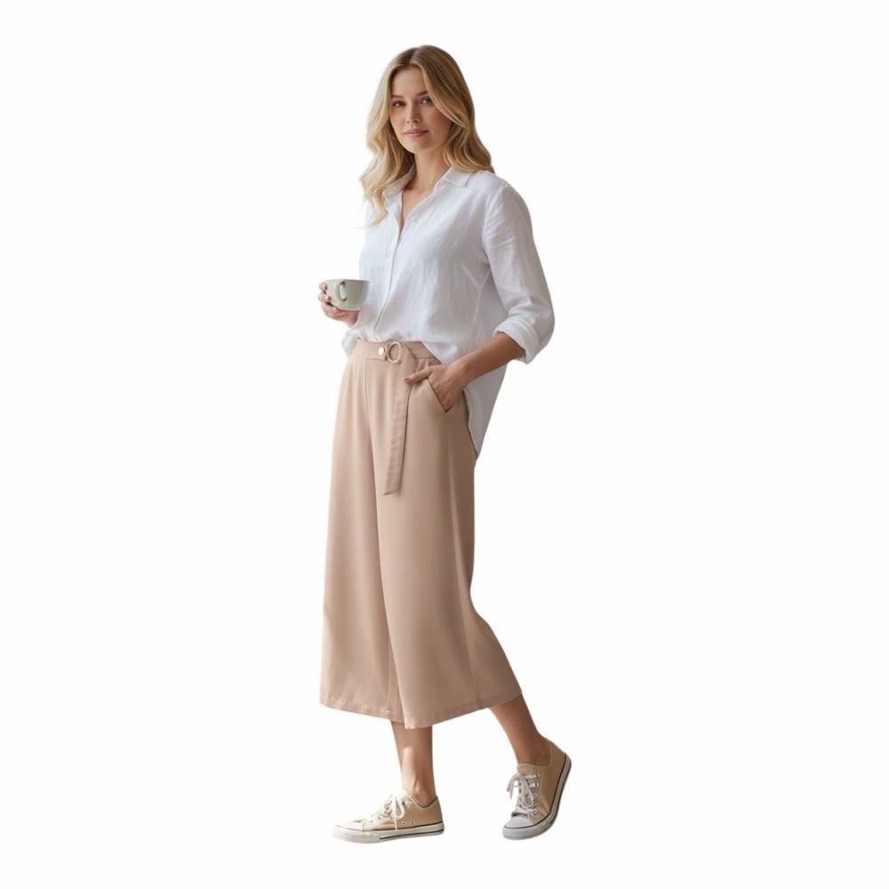Elliatt High-Waisted Wide Leg Pants Gold Ring Belt Blush Minimalist Trousers M